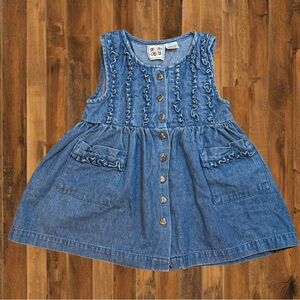 Vintage 90s Denim Ruffle Dress Toddler Size 3 • Heart Buttons • Jean Dress